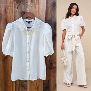 Ivory White Sparkly Beaded Peter Pan Collar Puff Sleeve Top 🌿